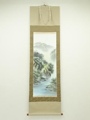 福本美渓筆　彩色山水　肉筆絹本掛軸（共箱）